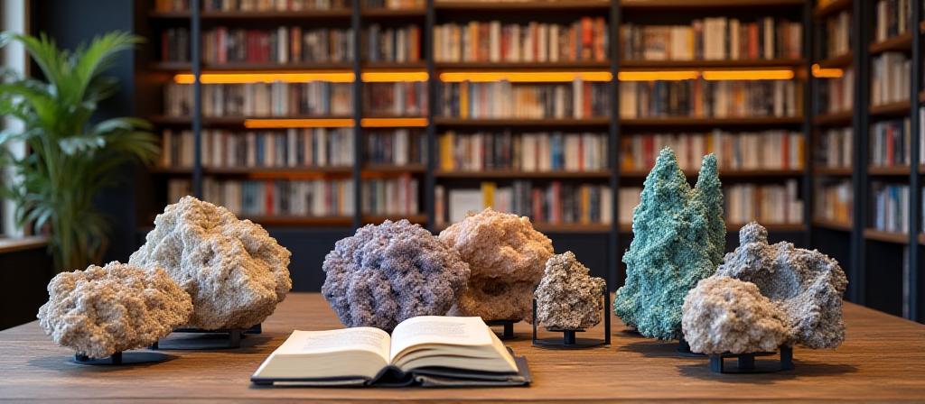 Curated bookstore shelves with mineral displays at Geode Pages